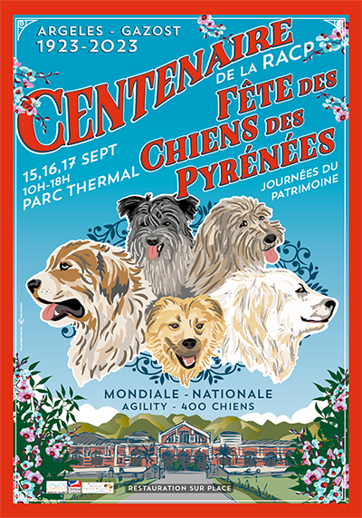 Affiche illustrée du Centenaire du salon du chien pyrénéen d'Argeles-Gazost