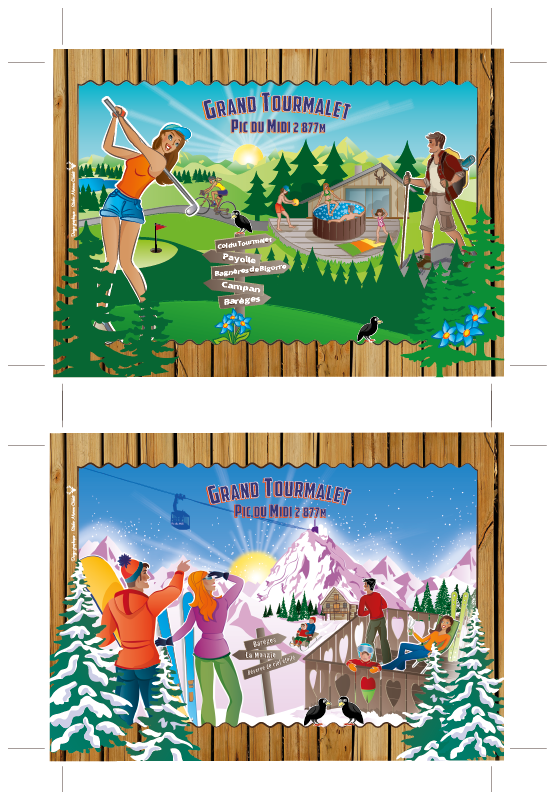 Illustrations pour des cabas, cartes postales pour l'Office de tourisme de Bagnères-de-Bigorre