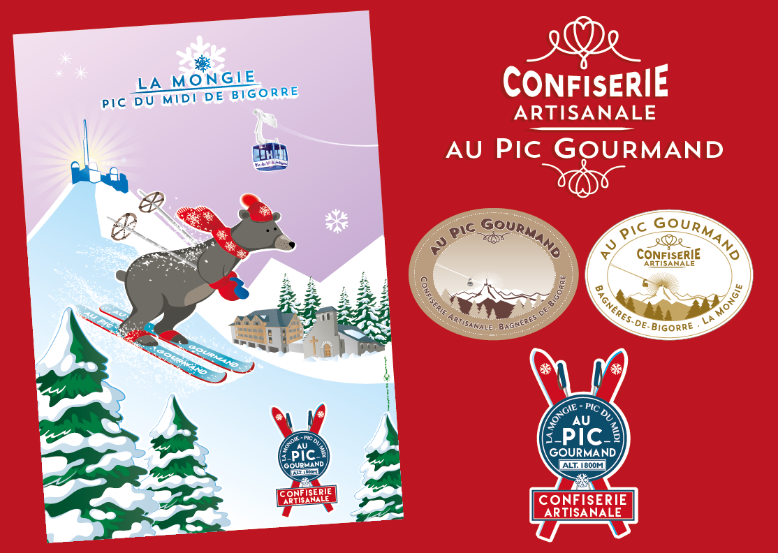 Affiche ours ski Le Pic Gourmand et logos